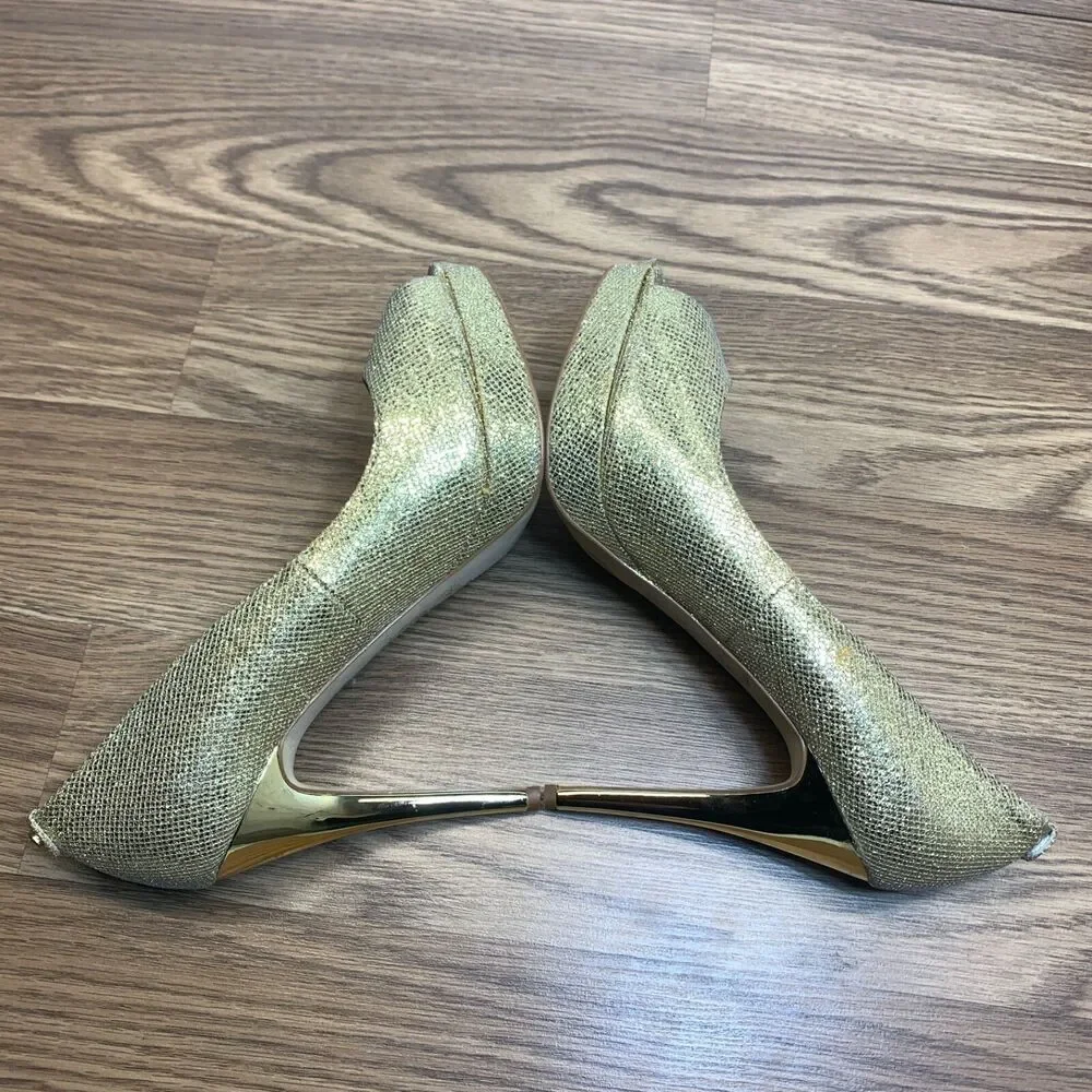 Michael Kors York Pump Open Toe Platform Glitter Silver Gold Size 10M Peep‎ Toe